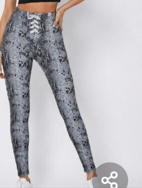 David Lerner Snake Print Lace-Up Flare Pants XS - Gray & Black Animal Print